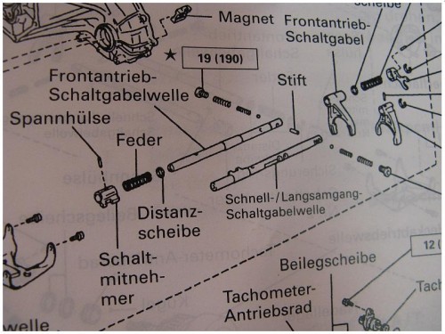 Schaltwellen im Verteilergetriebe, alle J9  mit Schaltgetriebe und Benziner mit Automatik